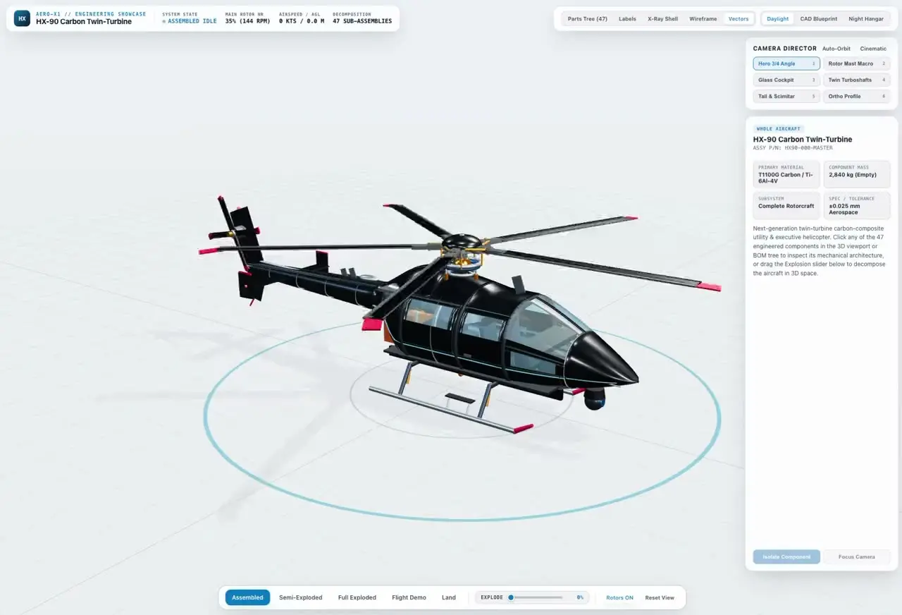 Gemini 4 Carbon on 3D Helicopter — interactive 3D helicopter scene built one-shot by Gemini 4 Carbon