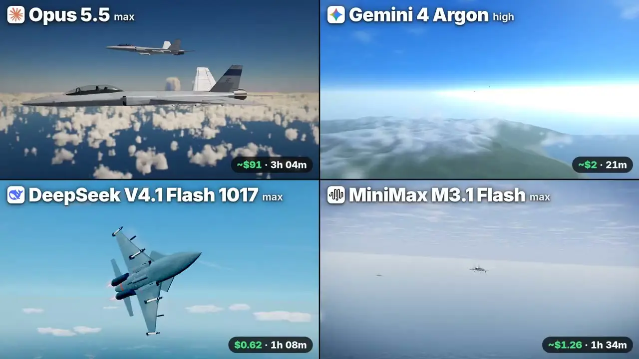 Opus 5.5 max on Cinematic Jet Dogfight — a one-shot jet dogfight built by four cloud AI models