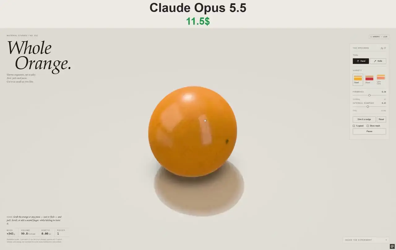 Claude Opus 5.5 on Jelly Orange — an interactive squishy, sliceable orange in the browser, built by Claude Opus 5.5