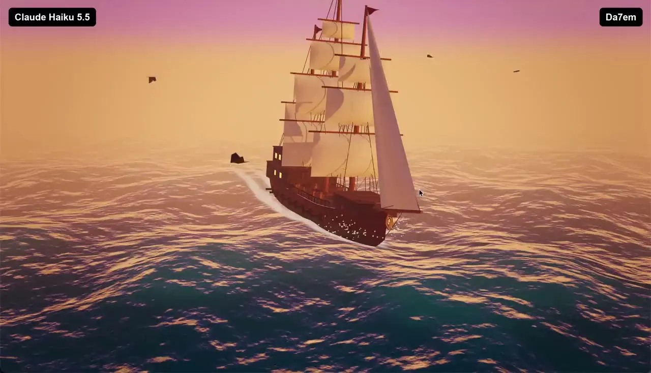 Claude Haiku 5.5 on Lit Ship Scene — a one-shot 3D ship model with dramatic lighting, built by Claude Haiku 5.5
