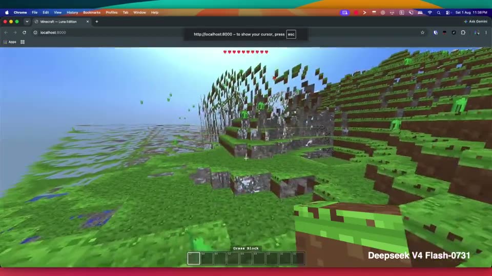 DeepSeek V4 Flash-0731 on Minecraft — five models build it from a two-line prompt