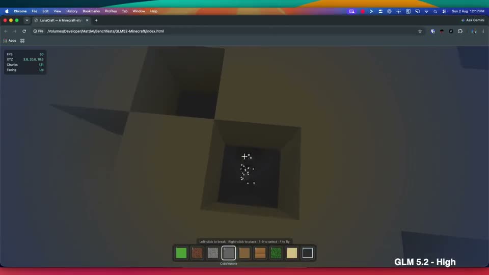 GLM 5.2 (high) on Minecraft — five models build it from a two-line prompt
