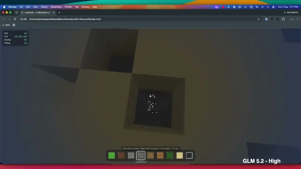 GLM 5.2 (high) on Minecraft — five models build it from a two-line prompt