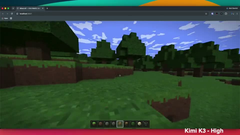 Kimi K3 (high) on Minecraft — five models build it from a two-line prompt