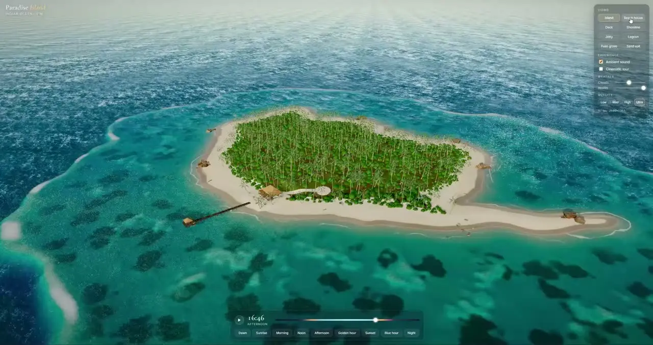 Opus 5.5 on Paradise Island — a 3D island scene with clear water, built by Opus 5.5